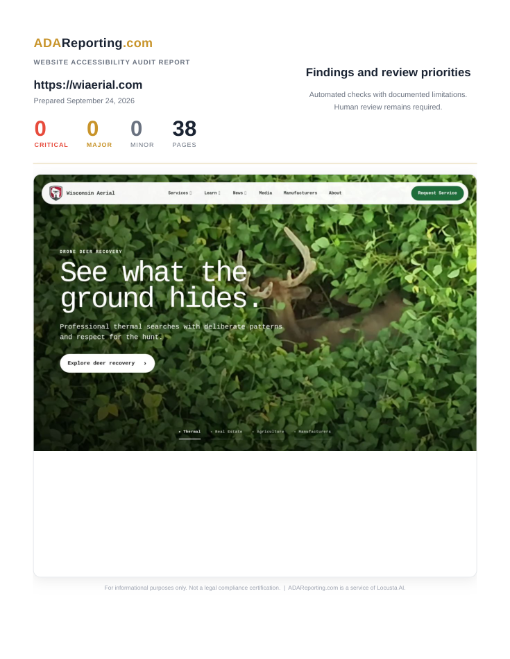 ADAReporting.com report cover showing Wisconsin Aerial findings and audited page count