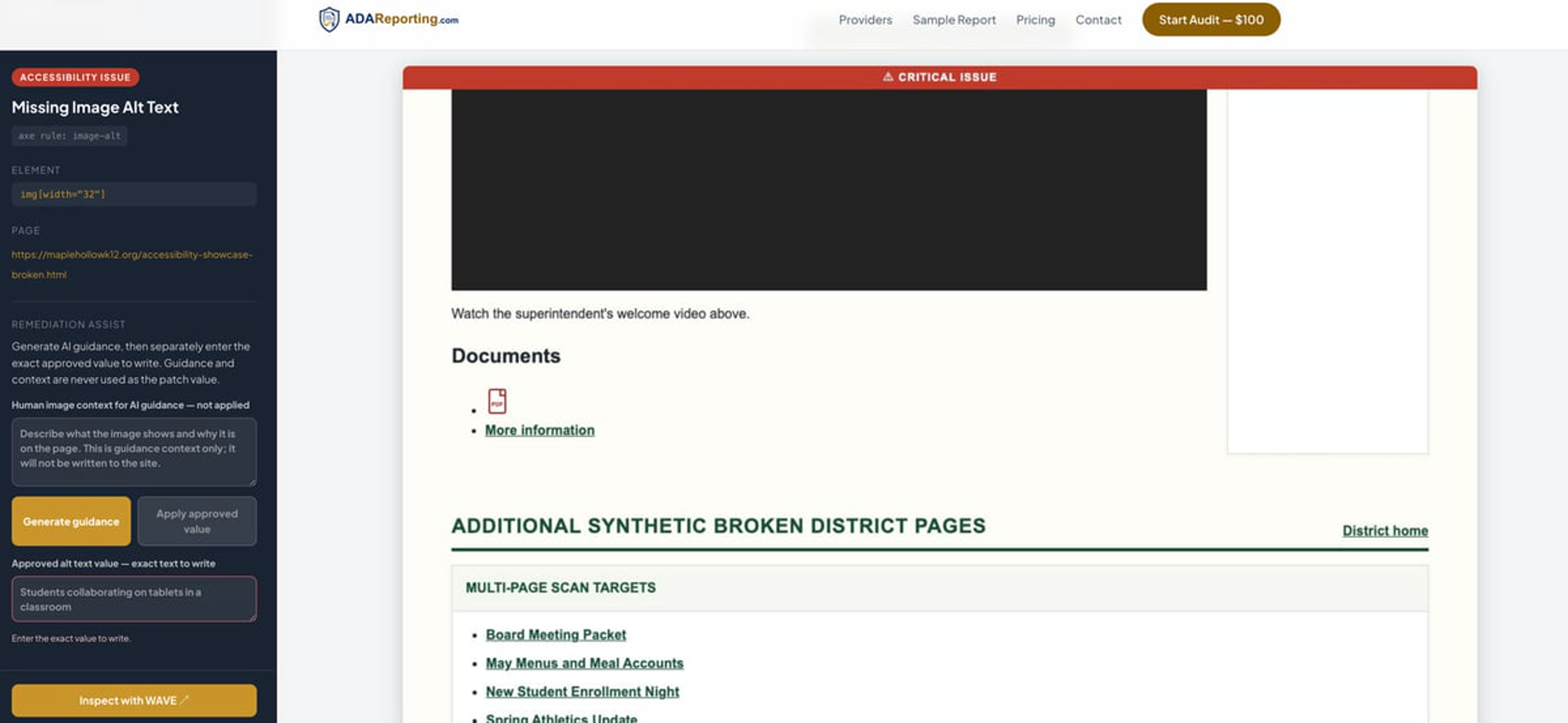 Screenshot of the ADAReporting Remediation Assist workflow